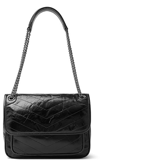 NWT Black Leather Chain Strap Satchel Handbag Shoulder/ Crossbody Bag - Picture 5 of 9